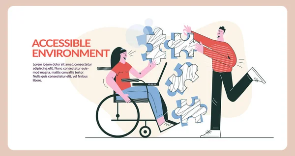 Studente disabile in sedia a rotelle Concetto di ambiente accessibile illustrazione vettoriale piatta. Ragazza con disabilità fisiche e la sua amica. Educazione inclusiva, lavoro di squadra collaborativo. Modello banner web — Vettoriale Stock