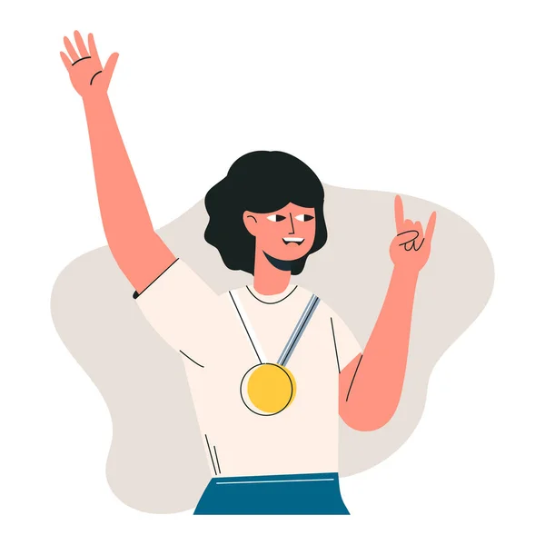 Šťastná žena držící zlatou medaili a oslavující vítězství. Ženský charakter úspěch, dívka je vítěz soutěže, šampion nebo vůdce koncept, sportovní triumf. Ploché vektorové kreslené izolované ilustrace — Stockový vektor