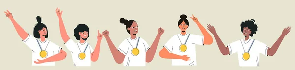 Group of young winner sporty women with champion gold medal. Happy athlete female friends after championship. Diverse girls team celebrating victory and success. Set of flat vector illustration — Stock Vector