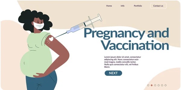 Вакцина и вакцинация беременных черных женщин концепция веб-шаблона. Инъекция в плечо и большой шприц. Беременной делают прививку. Женщина в маске с бинтом. Плоская векторная иллюстрация — стоковый вектор