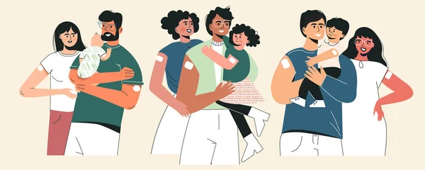 Aşı ve aile aşılama konsepti. Enjeksiyondan sonra çocuklu ve çocuklu bir grup genç aile. Sağlık sigortası. Çocuk ve bebeklerin aşılanması, sağlık hizmetleri, enfeksiyonlara karşı koruma