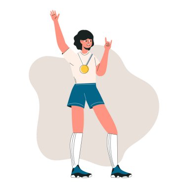 Altın madalyayı tutan ve zaferi kutlayan mutlu kadın. Kadın karakter başarısı, kız yarışmanın galibi, şampiyon ya da lider konsepti, spor zaferi. Düz vektör karikatürü izole edilmiş çizim
