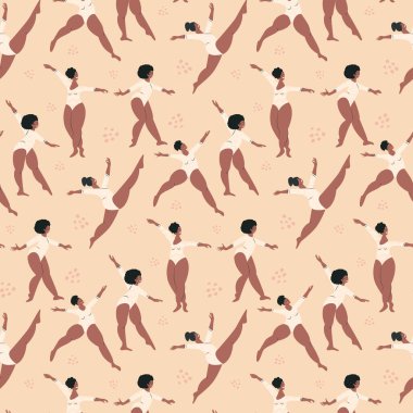 Kusursuz desenli, yaz mayolu, dans eden kadınlar. Bikinili çekici şişman kadın, çekici şişman kızlar, şirin ve mayolu kadınlar. Düz vektör karikatür çizimi