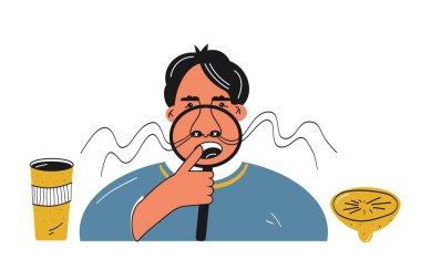 Anosmia loss sense of smell and long covid concept. Sick man lost his sense of smell. Male with big nose in magnifying glass taste lemon and coffe. Bad sniffing, olfactory, illness nasal receptor clipart