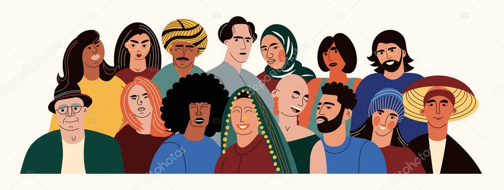 Diverse multiracial and multicultural group of people. Different ages and nationalities adult stay together. Tolerance community, ethnic company. Diversity concept. Flat vector cartoon illustration