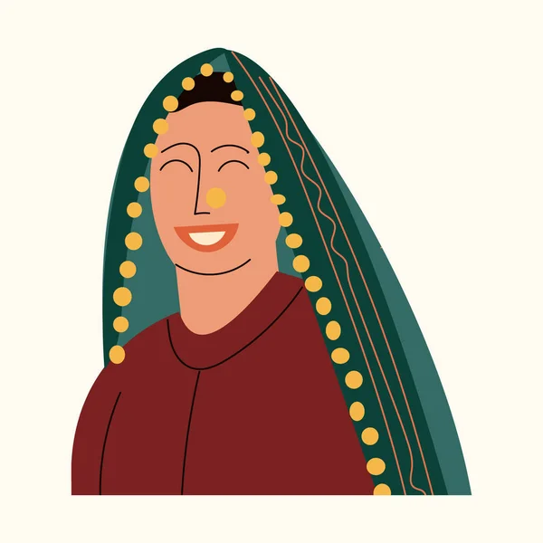 Retrato de mujer joven india hermosa en sari colorido. Sonríe chica india en saree. Princesa de Bollywood, señora de oriente con bufanda brillante tradicional. ilustración de dibujos animados vector plano, aislado blanco — Archivo Imágenes Vectoriales