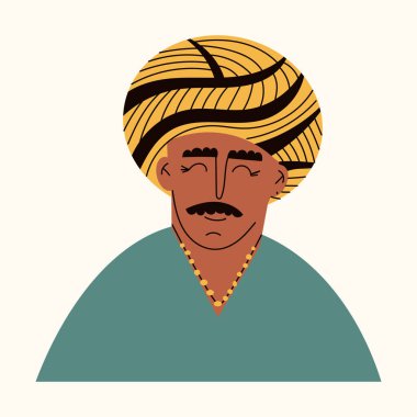 Sarıklı yaşlı Hintli bir adamın portresi. Geleneksel giyinmiş Hindu etnik bir babanın Avatar 'ı. Doğulu yaşlı erkek karakter. Düz vektör karikatür çizimi beyaz arkaplanda izole edildi