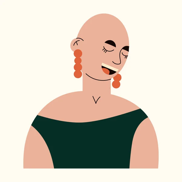 Bald young smiling girl avatar. Portrait of trendy bald woman with earrings. Happy girl defeating cancer. Fashion and alopecia. Female character with shaved head. Flat vector cartoon illustration — Stock Vector