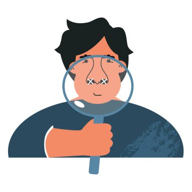 Anosmia koku alma duyusunu ve uzun soluklu konsepti. Hasta adam koku duyusunu kaybetti. Büyüteçte büyük burunlu bir erkek. Kötü koku alma, koku alma, hastalıklı burun reseptörü. Düz vektör illüstrasyonu