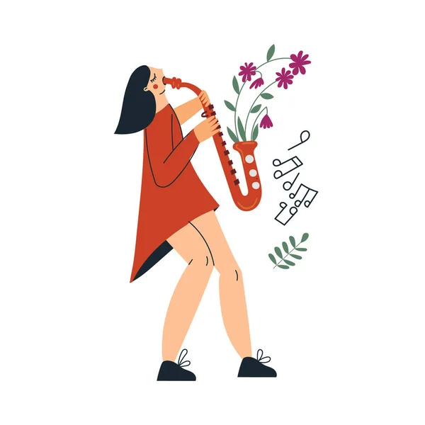 Chica tocando saxofón o joven músico con saxo dorado. Personaje femenino saxofonista con saxofón floreciente y notas. Flores y música juzz. Ilustración de dibujos animados vectoriales planos aislados en blanco — Archivo Imágenes Vectoriales