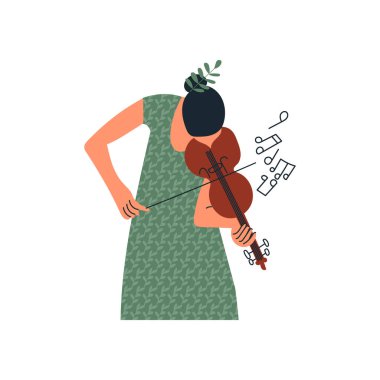 Keman çalan kız ya da keman çalan genç bayan müzisyen. Kadın karakter kemancısı. Çiçekler ve klasik müzik. Düz vektör karikatür çizimi beyaz arkaplanda izole edildi