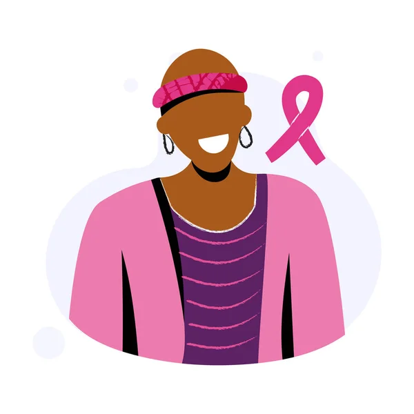 Miesiąc Świadomości Raka Piersi Październik z bezwłosą kobietą z różową wstążką do wspierania osób chorych. Łysa czarna dziewczyna walczy z chorobą onkologiczną. Koncepcja Światowego Dnia Raka. Ilustracja wektora — Wektor stockowy