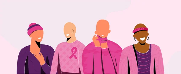 Breast Cancer Awareness Month October banner with diverse hairless women group with pink support ribbon. Bald girls fighting oncological disease. World cancer day concept. Vector cartoon illustration Stock Vector