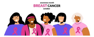 Meme Kanseri Farkındalığı Ayı, Ekim ayında çeşitli etnik ve farklı yaş gruplarına sahip pembe kurdeleli kadın ilanı. Dünya Kanser Günü konsepti. İniş web sitesi şablonu için vektör illüstrasyonu