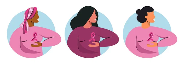 Mes de concientización sobre el cáncer de mama Octubre con diversos grupos étnicos de mujeres con cinta de apoyo rosa. Apoya a la gente enferma. Día Mundial del Cáncer o concepto Pinktober. Ilustración vectorial con carácter femenino — Archivo Imágenes Vectoriales