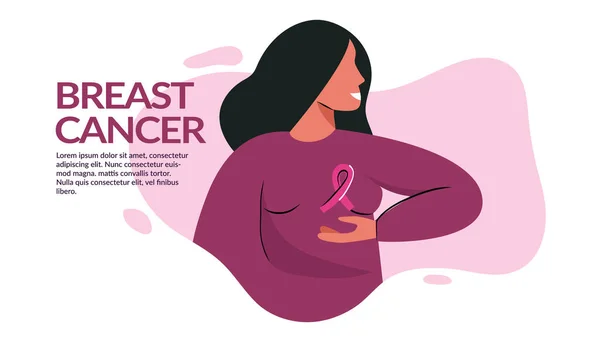 Ilustracja sztandaru świadomości raka piersi. Kobieta bez twarzy z różową wstążką. Różowy październik miesiąc kobieca kampania zdrowotna solidarność szablon strony internetowej. Pinktober płaski wektor rysunek ilustracja — Wektor stockowy