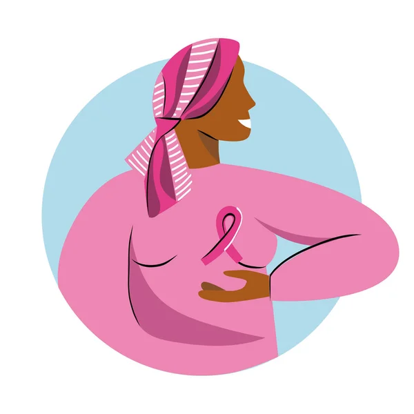 Mujer calva en bandana con cinta rosa lucha contra el cáncer de mama, concepto de Pinktober, mes de conciencia de octubre. Campaña de salud femenina. Cara rosa hermoso carácter. ilustración de dibujos animados vector plano — Vector de stock