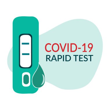 Sonuç simgesi ile hızlı COVID-19 antijen testi. Hızlı test cihazı kullanarak negatif ve pozitif test sonuçları elde ettik. Düz vektör çizimi beyaz arkaplanda izole edildi