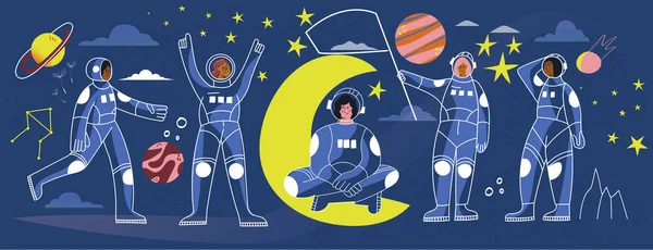 Women astronaut in spacesuit space vector line illustration banner. Female cosmonaut on Moon. Girl spaceman in space costume and helmet with flag. Star galaxy discovery set with characters — Stock Vector