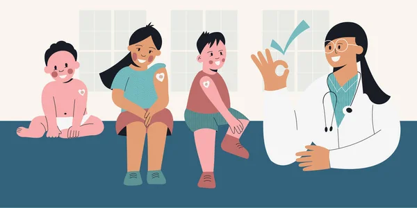 Vacuna para niños Niños después de la vacunación con enfermera. Niña y niño con yeso en el hombro por inyección. Bebé vacunado. Medicina y atención médica para niños pequeños. Ilustración vectorial, banner — Vector de stock