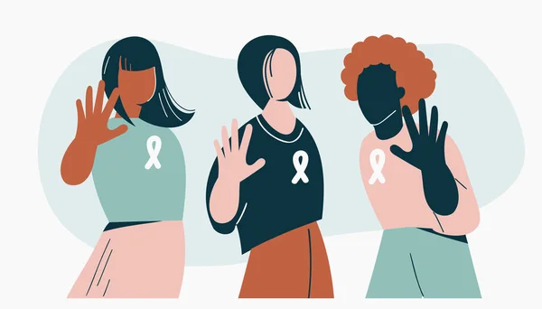 Gender violence concept Vrouw tonen stop gebaar of teken protest tegen raciale of genderdiscriminatie. Diverse vrouwelijke personages voor gelijke diversiteit design. Vrouwen dag, zusterschap vector illustratie — Stockvector