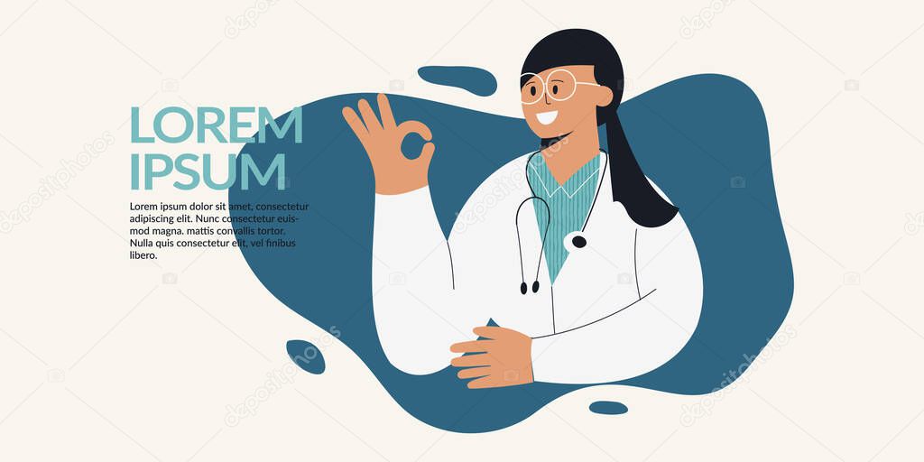 Happy nurse or doctor with stethoscope show ok sign - web banner template design. International nurse day. Woman in uniform. Medical female character. Medicine and healthcare vector illustration