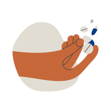 El hapları hap kapsülleri ya da vitaminler iki parmakla tutulur. Eczane, eczane, ilaç. İnsan erkek ya da kadın karakter ellerinde tıbbi haplar var. Düz vektör karikatür çizimi