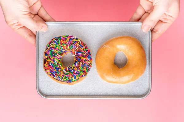 Top View Chocolate Frosted Donut Sprinkles Sugar Glazed Frosted Donut — Stock Photo, Image