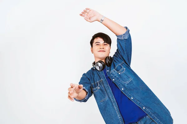 Ásia Preto Cabelo Homem Shirt Com Jeans Jaqueta Dançando Enquanto — Fotografia de Stock