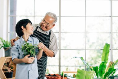 Asyalı emeklilik dedesi ve torununun gülümsemesi, kapalı bir bahçede bitkilerle ilgilenerek birlikte kaliteli zaman geçirmeleri. Yaşlılarla gençler arasındaki aile bağları.