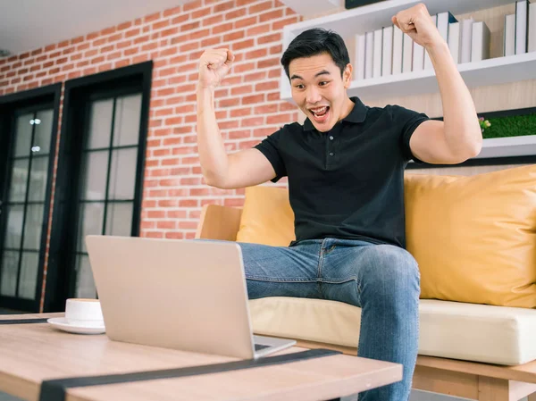 Asyalı bir erkek çalışırken koltukta oturuyor, dizüstü bilgisayardan mutlu ve heyecanlı hissediyor. Başarılı bir iş adamı evde dizüstü bilgisayarda çalışıyor. İyi bir fırsat beraberinde bir sürprizle gelir..