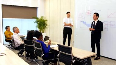 Modern bir konferans odasında bir sunucunun strateji toplantısı sırasında duvardaki çizelgeleri açıklamasını dinlerler..