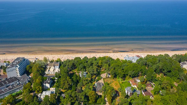 Majori Jurmala Łotwa Bałtycy Zdjęcie Lotu Drona Panoramicznego Piaszczystą Plażę — Zdjęcie stockowe