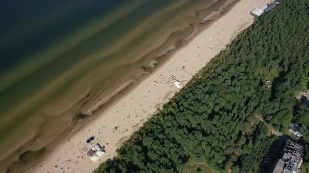 Jurmala Dzintari Latvia Baltics 在炎热阳光明媚的夏日 从无人驾驶飞机飞往充满日光浴和在波罗的海游泳的Dzintari沙滩的美丽全景4K视频 — 图库视频影像