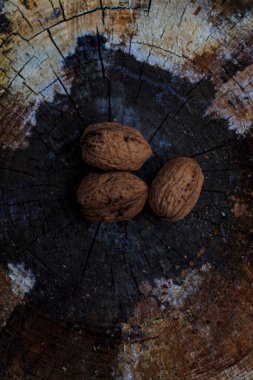 Cevizler kuru çimenlerin üzerinde, bulutlu hava manzaralı eski bir gazete ile yatar.