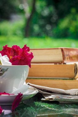 Bir gaz lambasından, kitaplardan, eski gazetelerden ve yapraklardan oluşan cam bileşimi