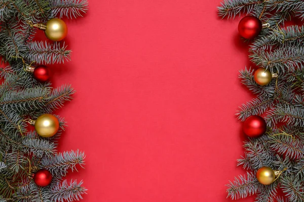 Christmas Frame Made Fir Branches Christmas Baubles Red Background Copy — Foto Stock