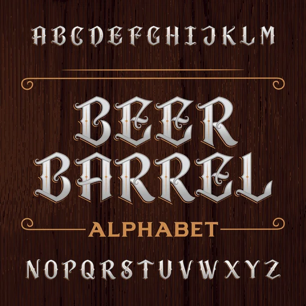 Oude decoratieve alfabet vector lettertype. Typ de letters op de donkere houten achtergrond. — Stockvector