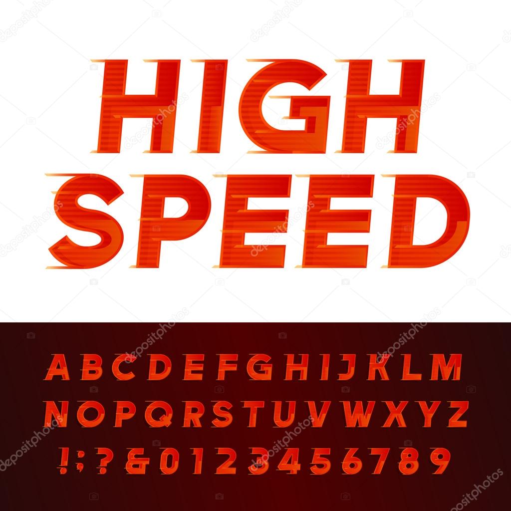 High Speed alphabet vector font. Motion effect letters and numbers.
