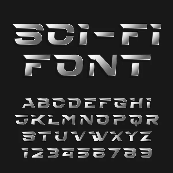 Sci-fi alphabet vector font. Futuristic chrome effect type letters and numbers. — Stock Vector