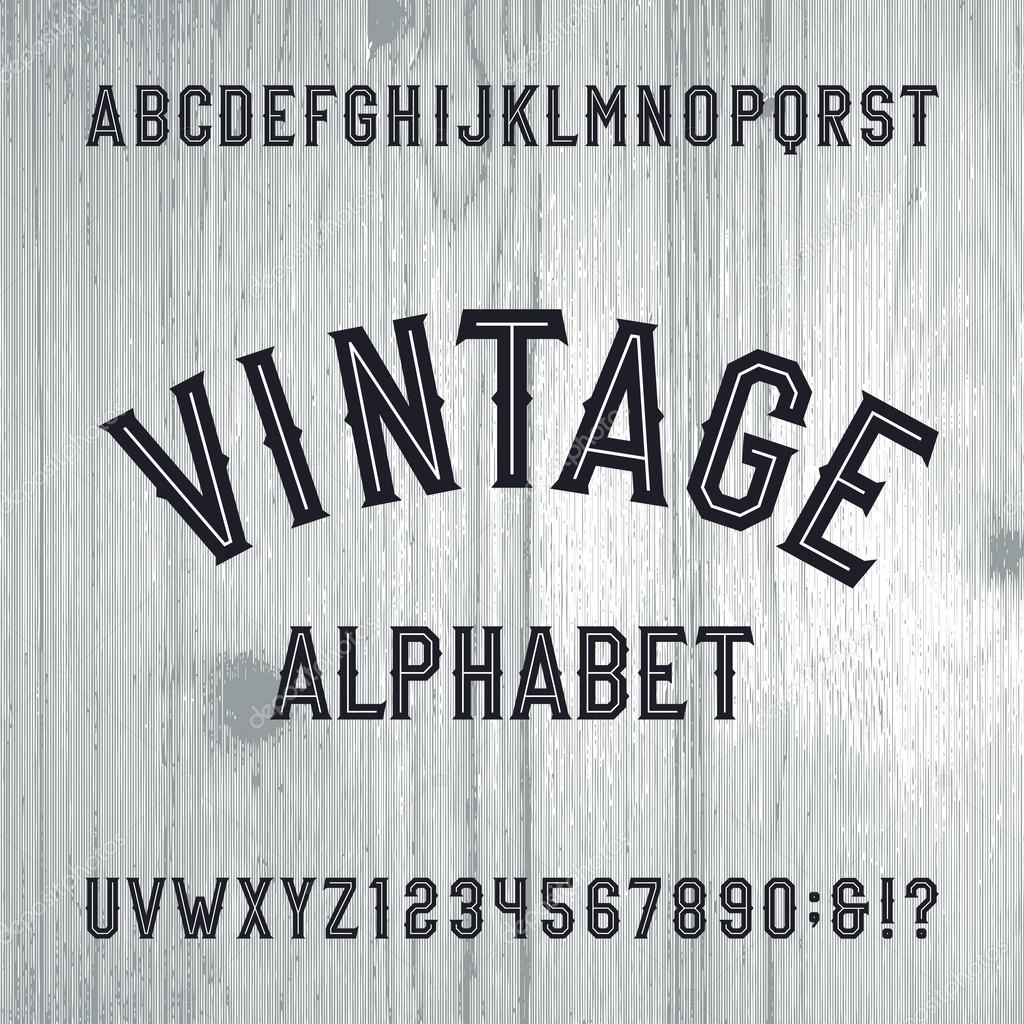 Vintage style alphabet vector font. Letters and numbers on the light wooden background. Retro vector typeface for labels, flyers, headlines, posters etc.