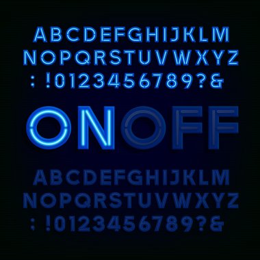 Mavi Neon ışık alfabe yazı tipi. İki farklı stilleri. Işıkları açma veya kapatma.
