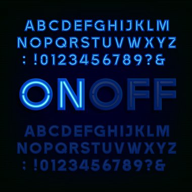 Blue Neon Light Alphabet Font. Two different styles. Lights on or off. clipart