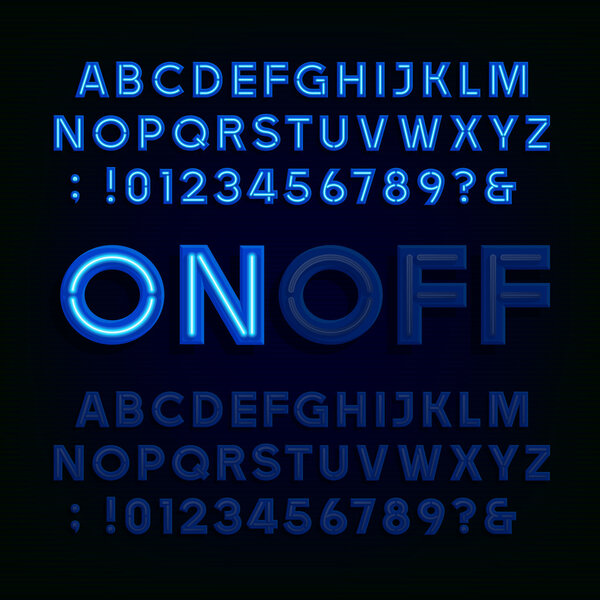 Blue Neon Light Alphabet Font. Two different styles. Lights on or off.