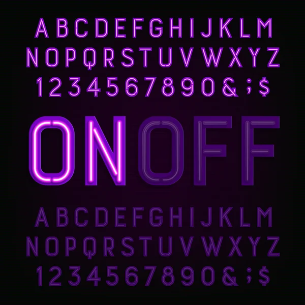 Фиолетовый неоновый легкий алфавит. Два разных стиля. Включить или выключить свет . — стоковый вектор