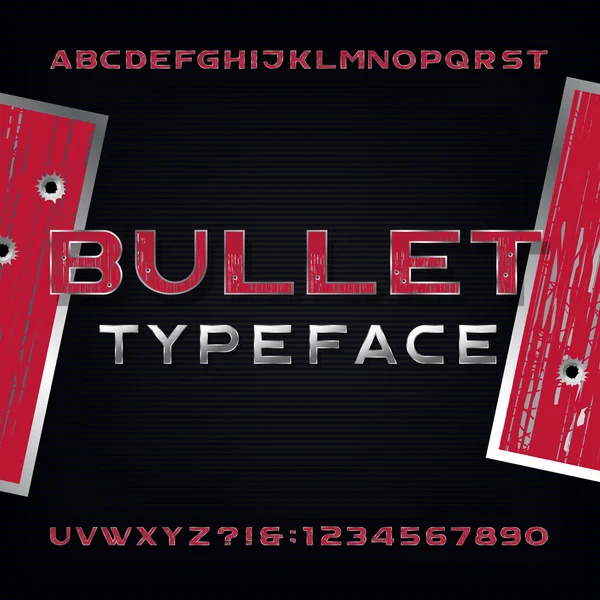 Bullet Hole Alphabet Vector Font. Letras y números metálicos angustiados con agujeros de bala y arañazos . — Vector de stock