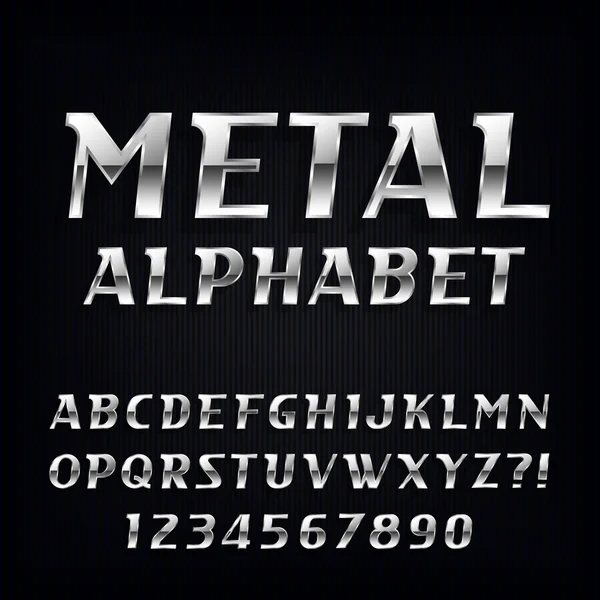 Metalen alfabet Vector lettertype. Schuine chroom letters en cijfers op de donkere achtergrond. — Stockvector