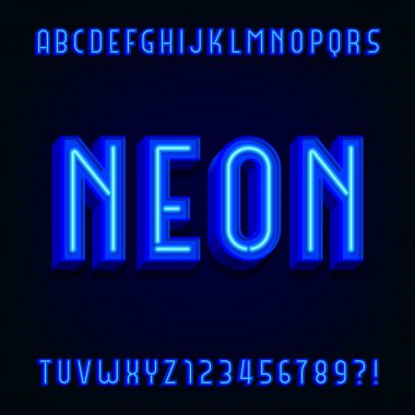 Neon alfabe vektör yazı tipi. Mavi neon tüp ve gölgeler ile 3D yazın harf.