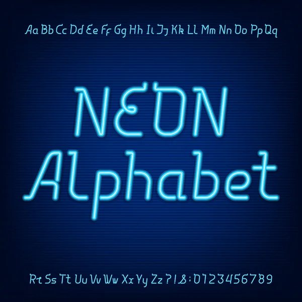 Neon alphabet font. Blue neon lowercase, uppercase letters and numbers on a dark background. — Stock Vector