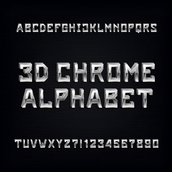 Caratteri dell'alfabeto cromato 3D. Lettere e numeri volumetrici effetto metallo — Vettoriale Stock
